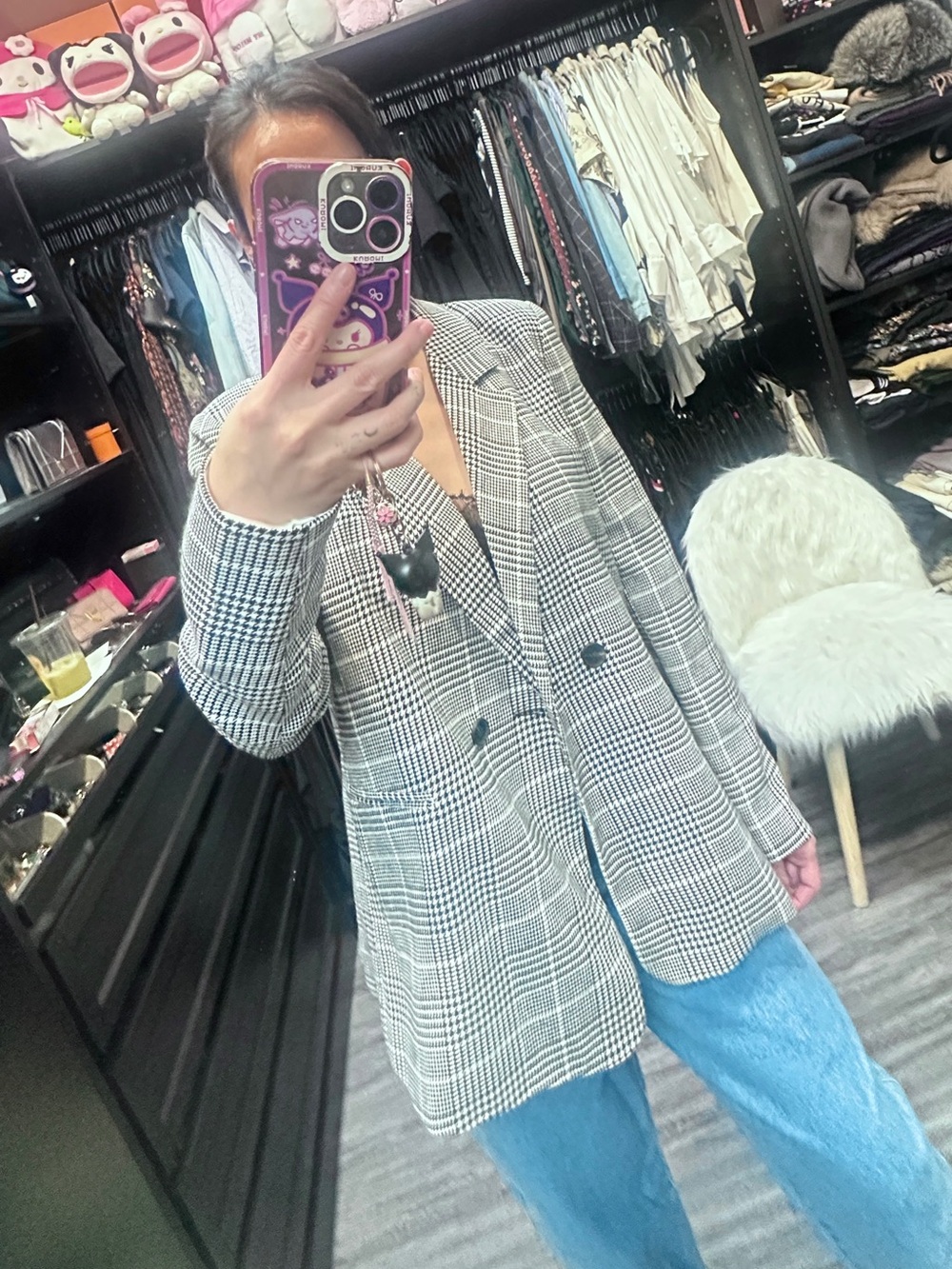 Aqua Black & White Glen Plaid Double-Breasted Blazer